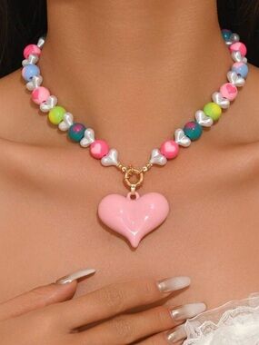 Pink Heart Pendant Beaded Necklace‎ - Women Jewelry